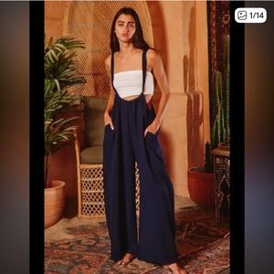 Bucketlist Women’s Navy WideLeg Suspender 100% Cotton boho lounge comfy Jumpsuit